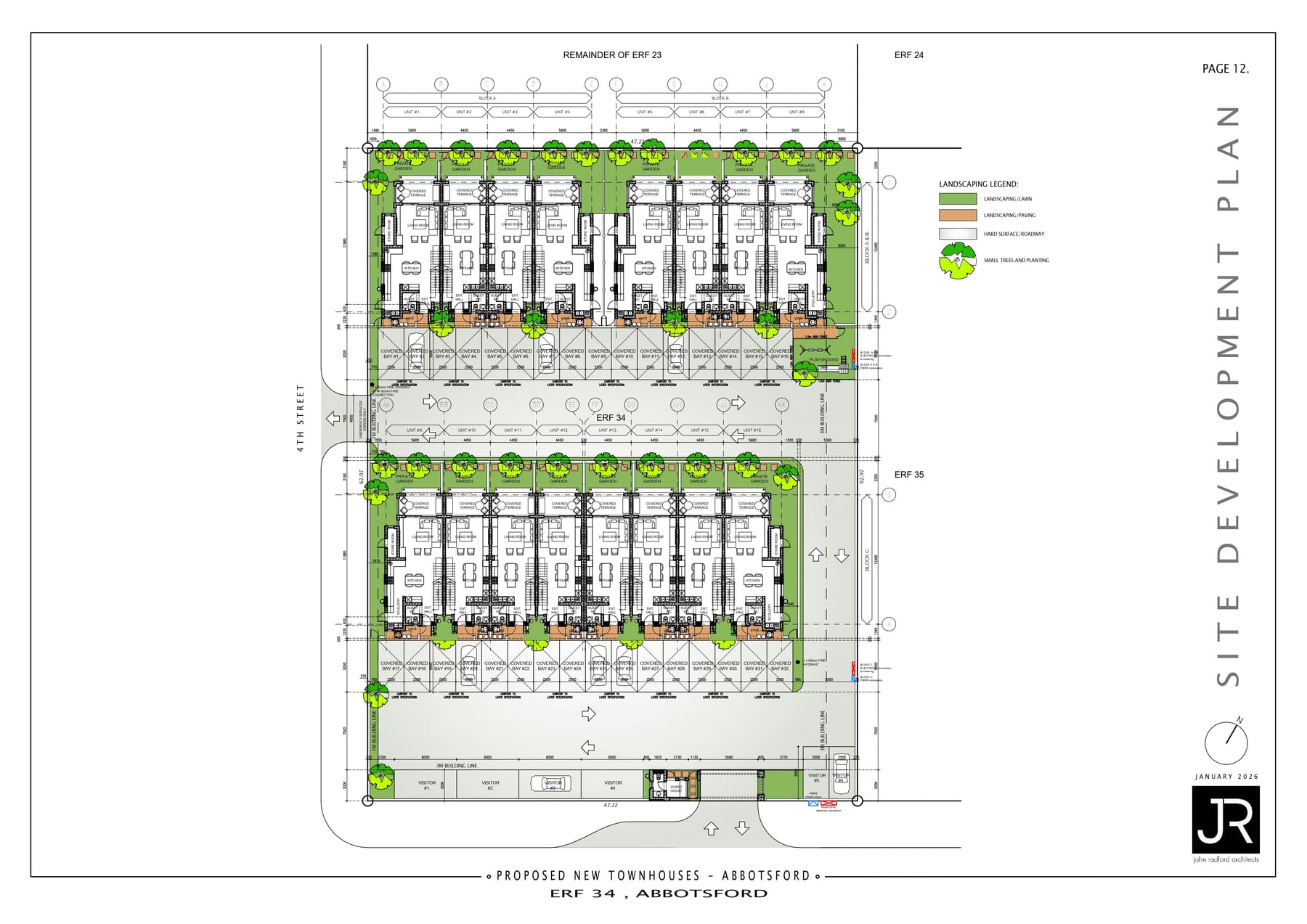 Site development plan showing all 16 units with landscaping
