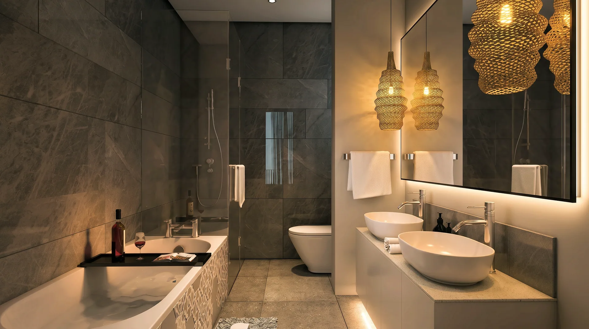 Spa-style bathroom with freestanding bath and pendant lighting