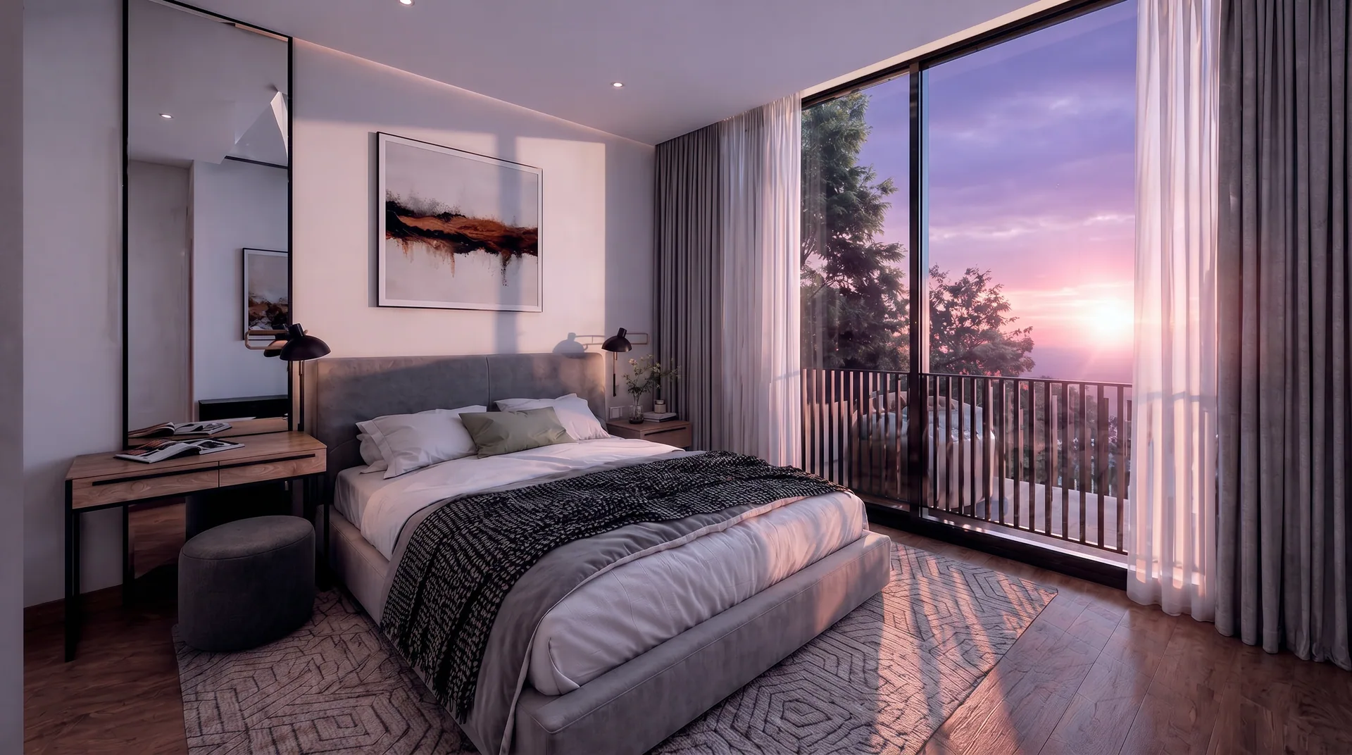 Bedroom with balcony doors and sunset view