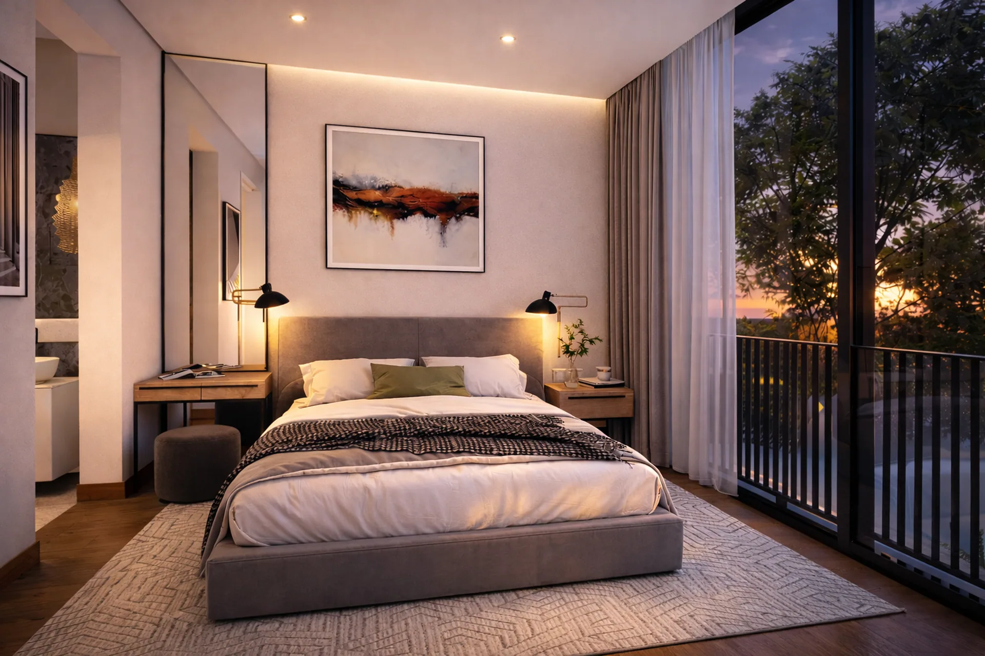 Bedroom suite with floor-to-ceiling glazing at twilight