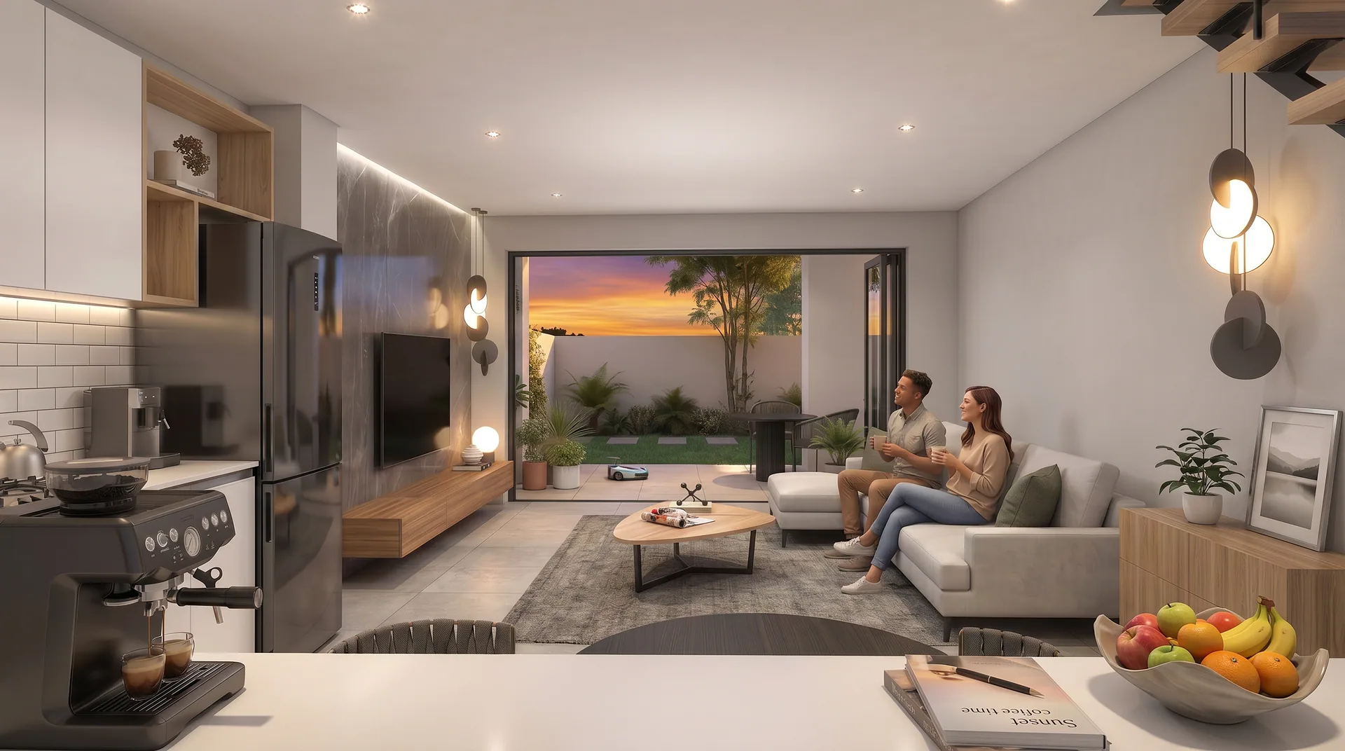 Evening lounge with kitchen and garden outlook