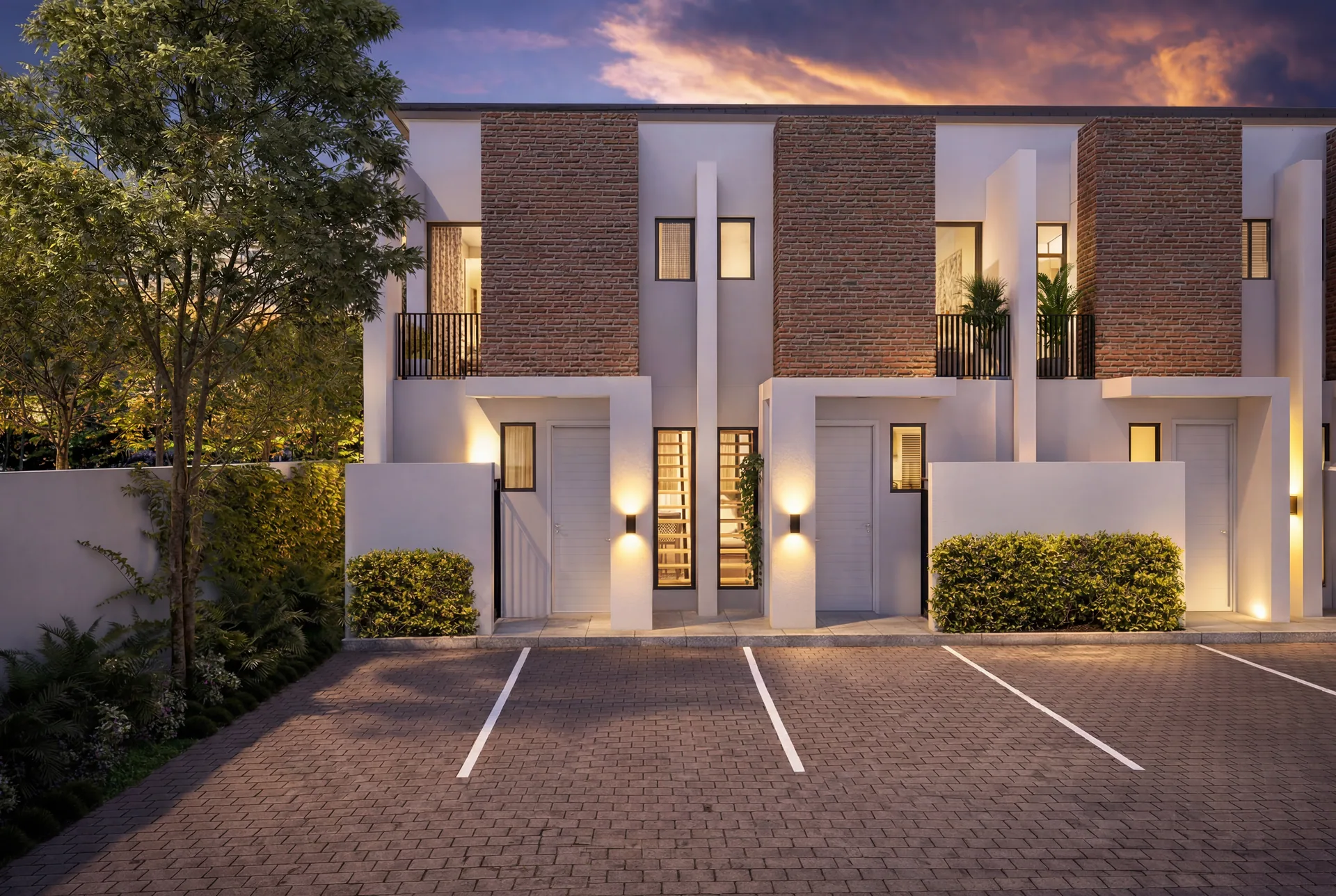 Contemporary townhouse facade at twilight