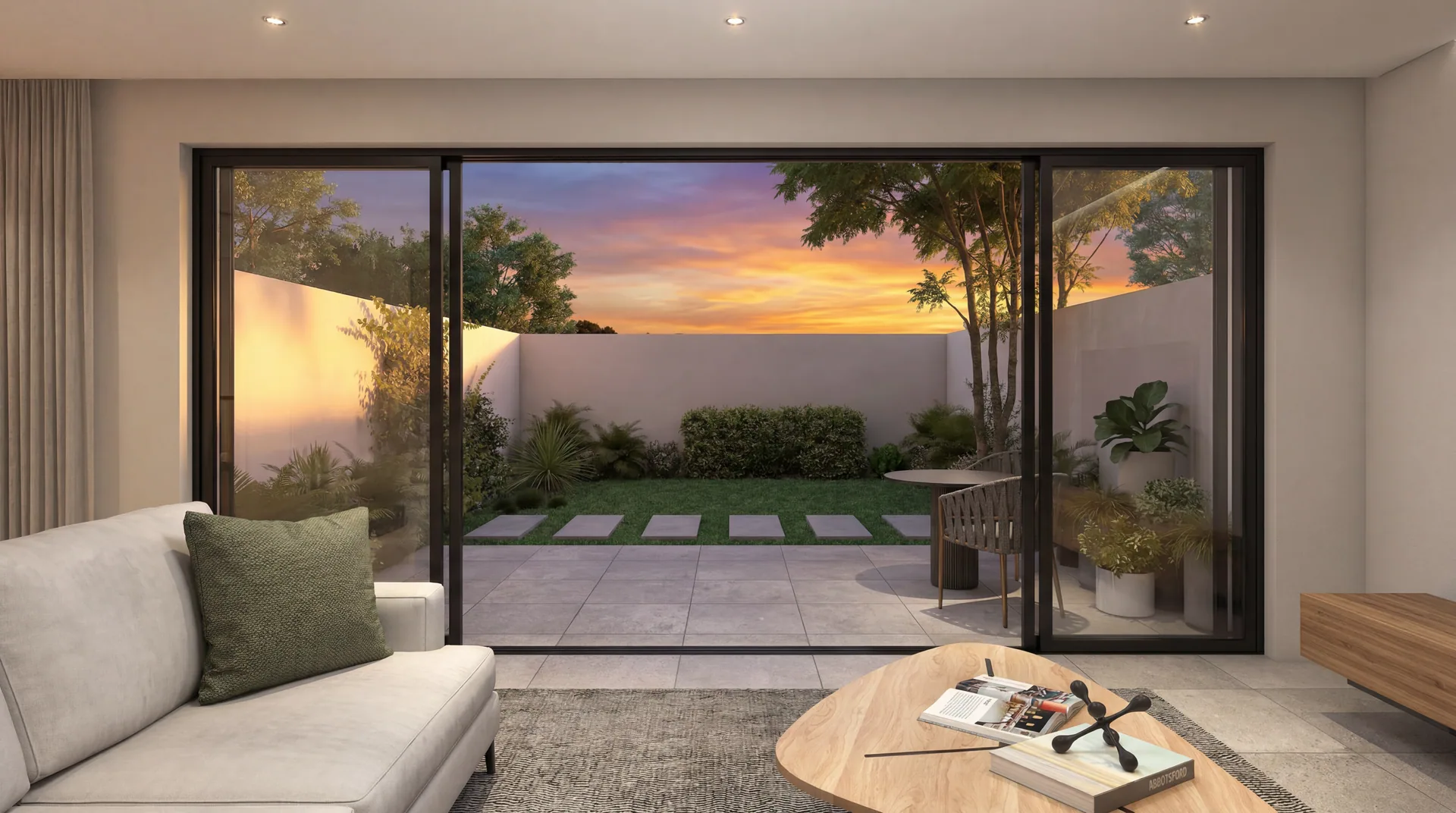 Lounge opening onto the private garden at dusk