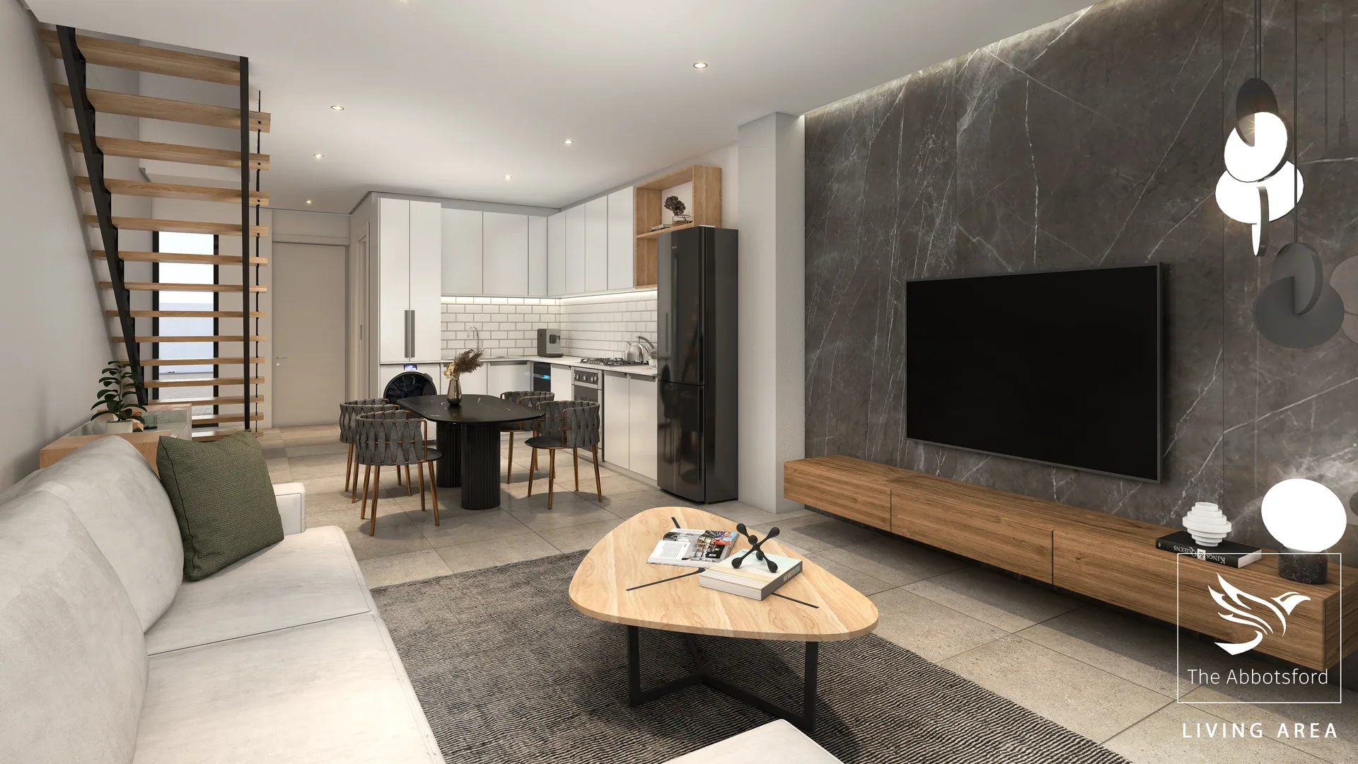 Open-plan lounge and kitchen with warm ambient lighting