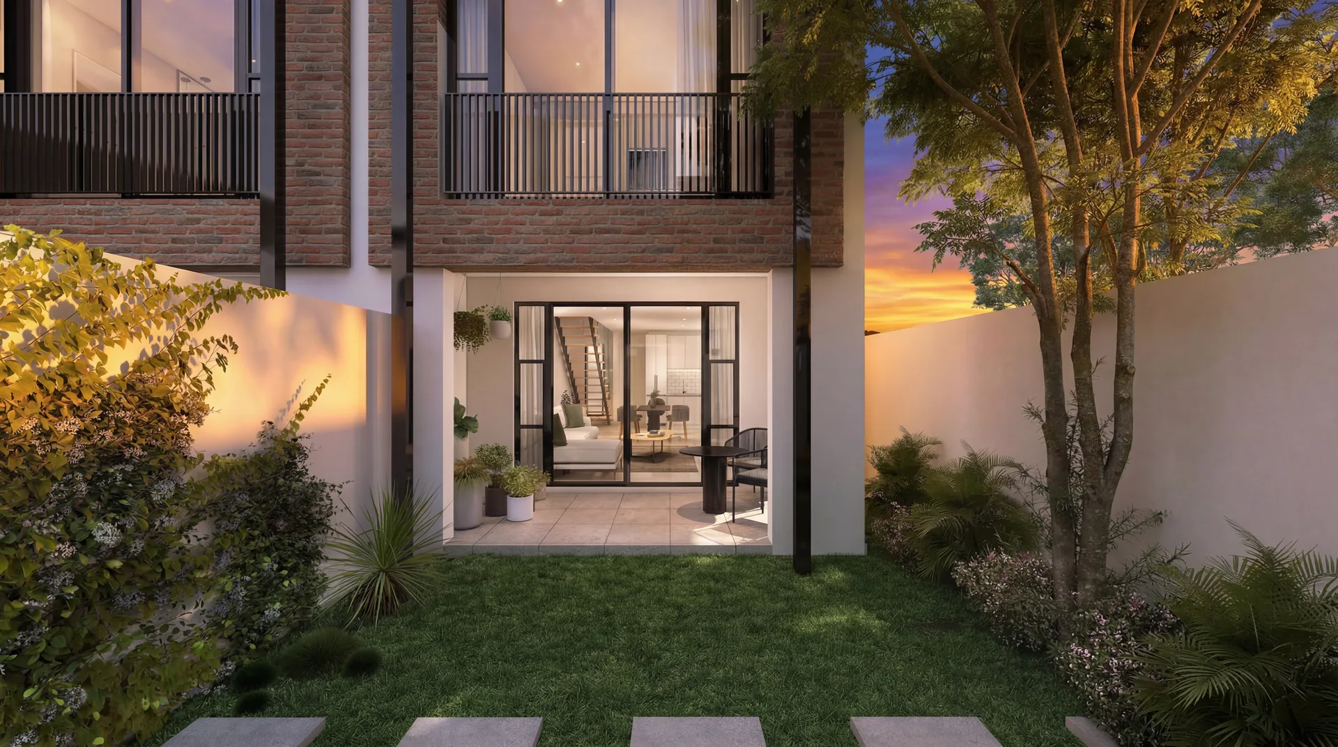 Private garden and rear patio at sunset